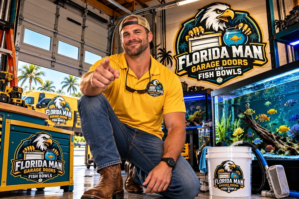 AI Florida Man character wearing a gold company-logo polo beside teal and gold workbenches in a garage and aquarium workshop